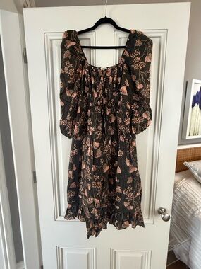 Ulla Johnson Black Mini Dress with Pink Botanical Print